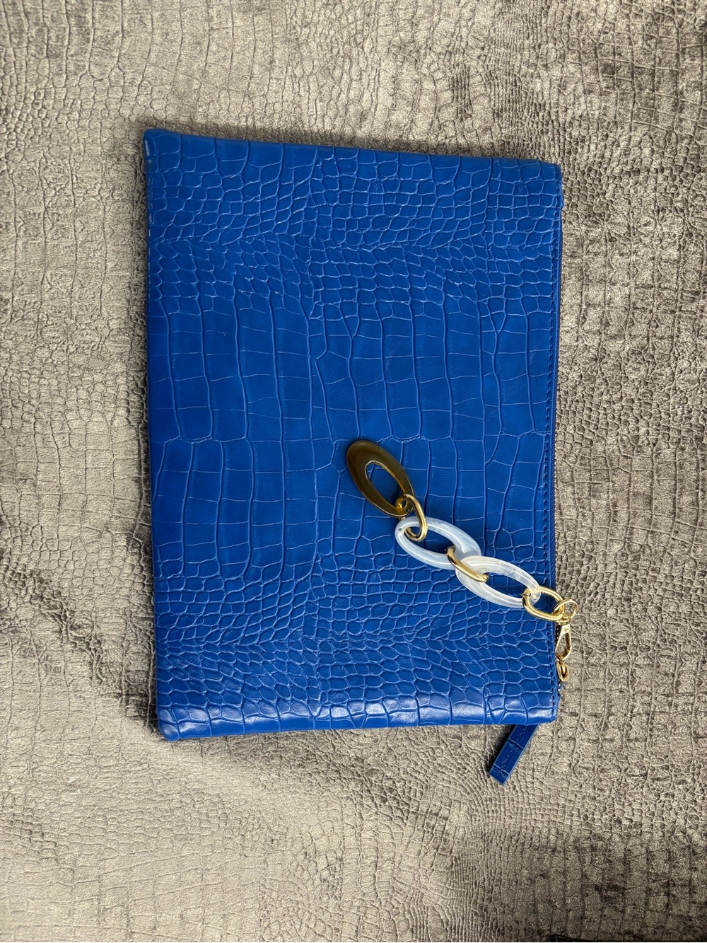Blue Croc-Embossed Clutch with Chain Accent